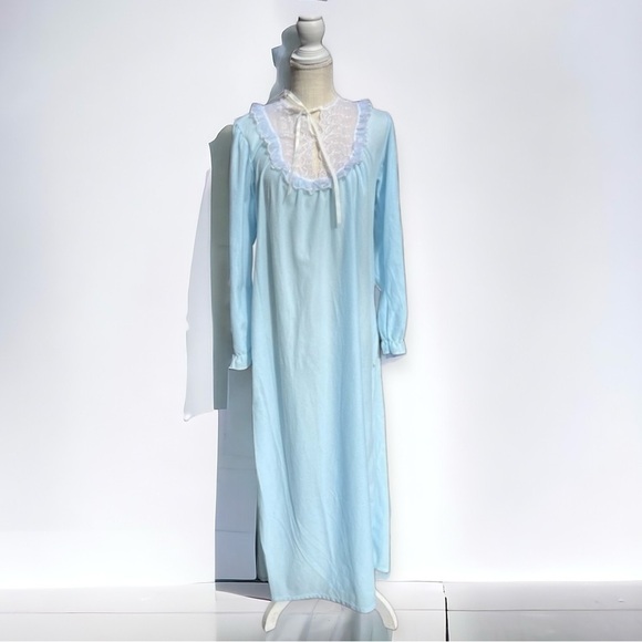 🌻NEW w.tag VINTAGE Gilligan & O'Malley Blue Fleece Cottagecore 80s Nightgown SM - Picture 1 of 12